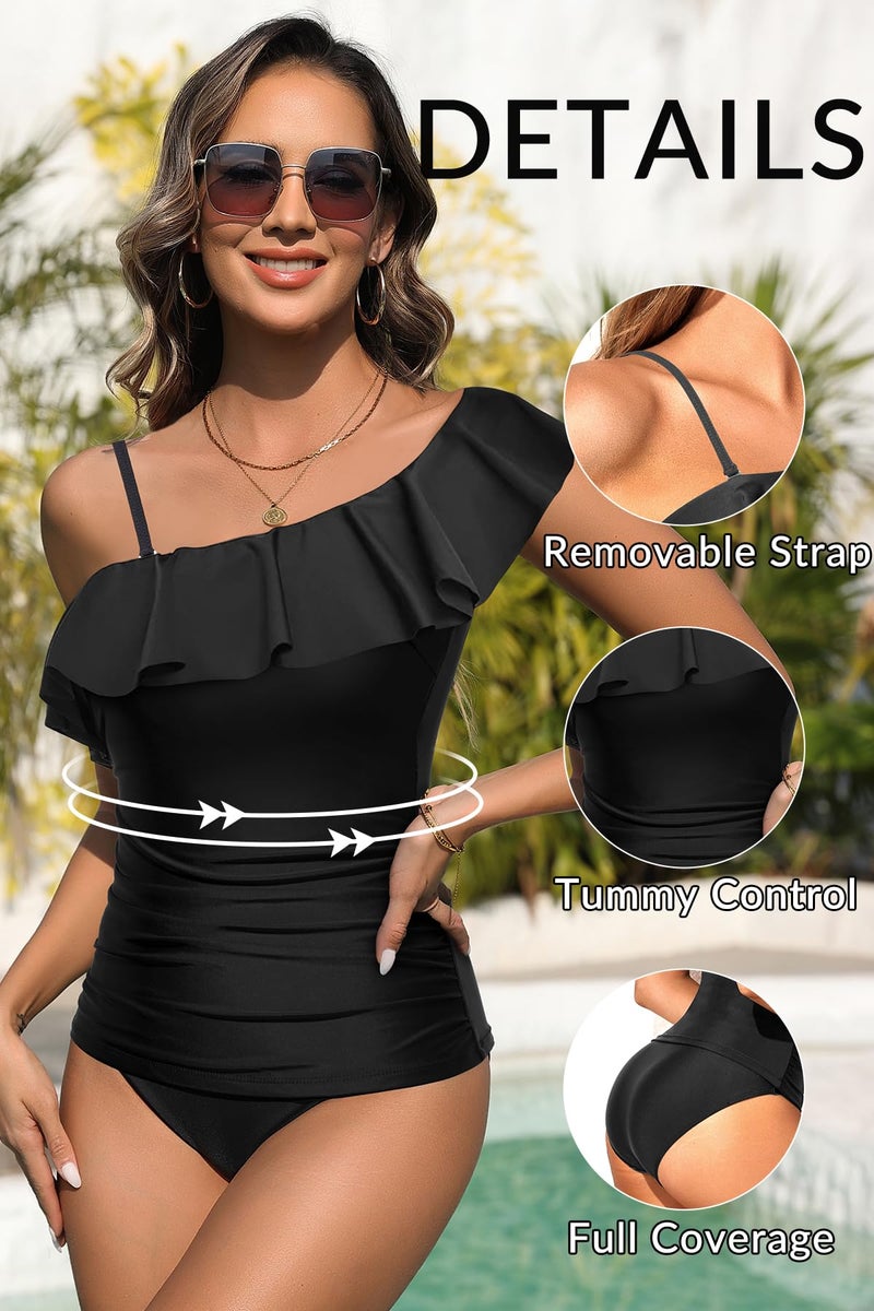 Yonique Women's Two Piece Swimsuits One Shoulder Tankini Tummy Control Bathing Suits Ruffle Swimwear Black XL - Image 4